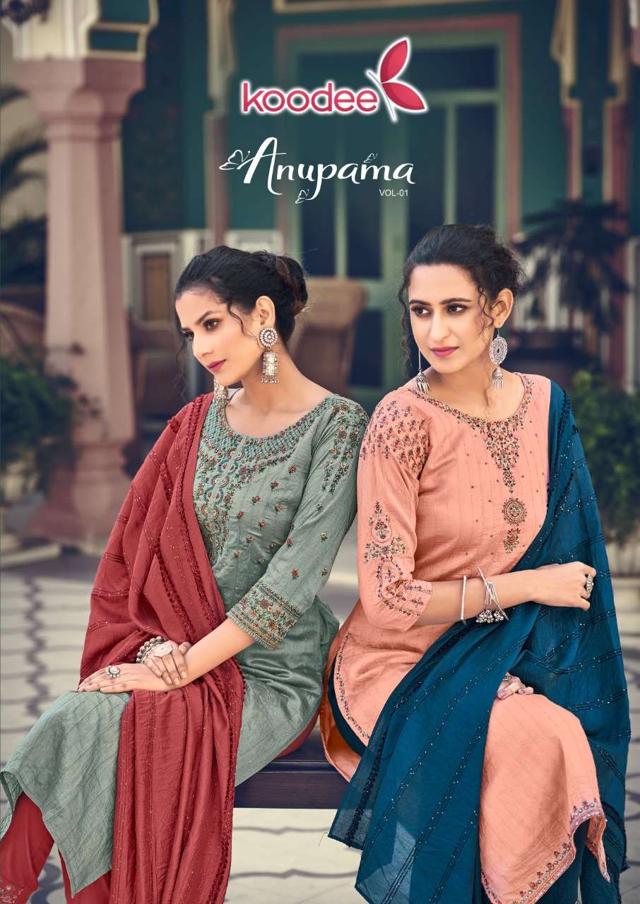 ANUPAMA 1 BY KOODEE BRAND EMBROIDERY AND KHATLI WORK KURTI WITH COTTON SLUB LYCRA PANT & PURE NYLON ...