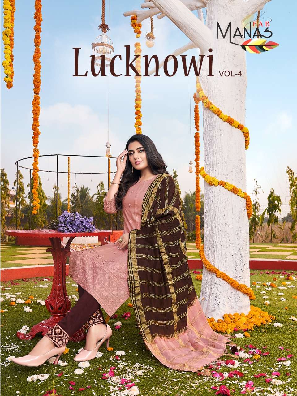 LUCKNOWI VOL.4  LUCKNOWI EMBROIDERY WORK KURTI WITH CHINON PANT & DUPATTA BY MANAS  BRAND WHOLESALER...