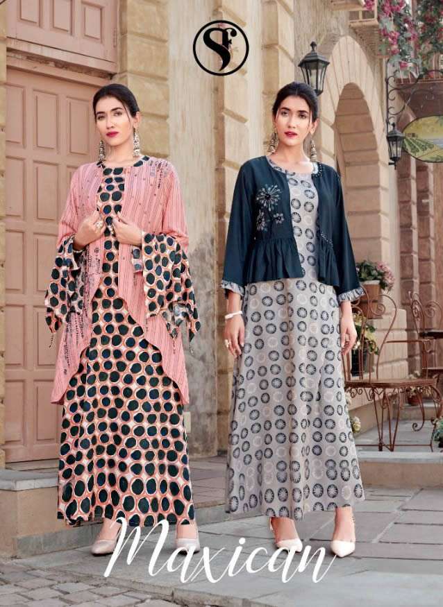 MAXICAN RAYON PRINTED LONG KURTI WITH FANCY JACKET BY SWEETY FASHION BRAND WHOLESALER AND DEALER