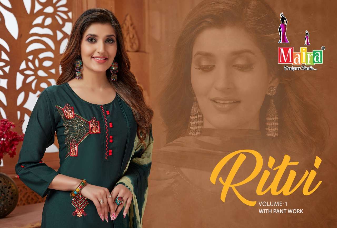 RITVI VOL.1  FANCY THREAD AND HANDWORK SILK KURTI WITH PANT & DUPATTA BY MAIRA  BRAND WHOLESALER AND...