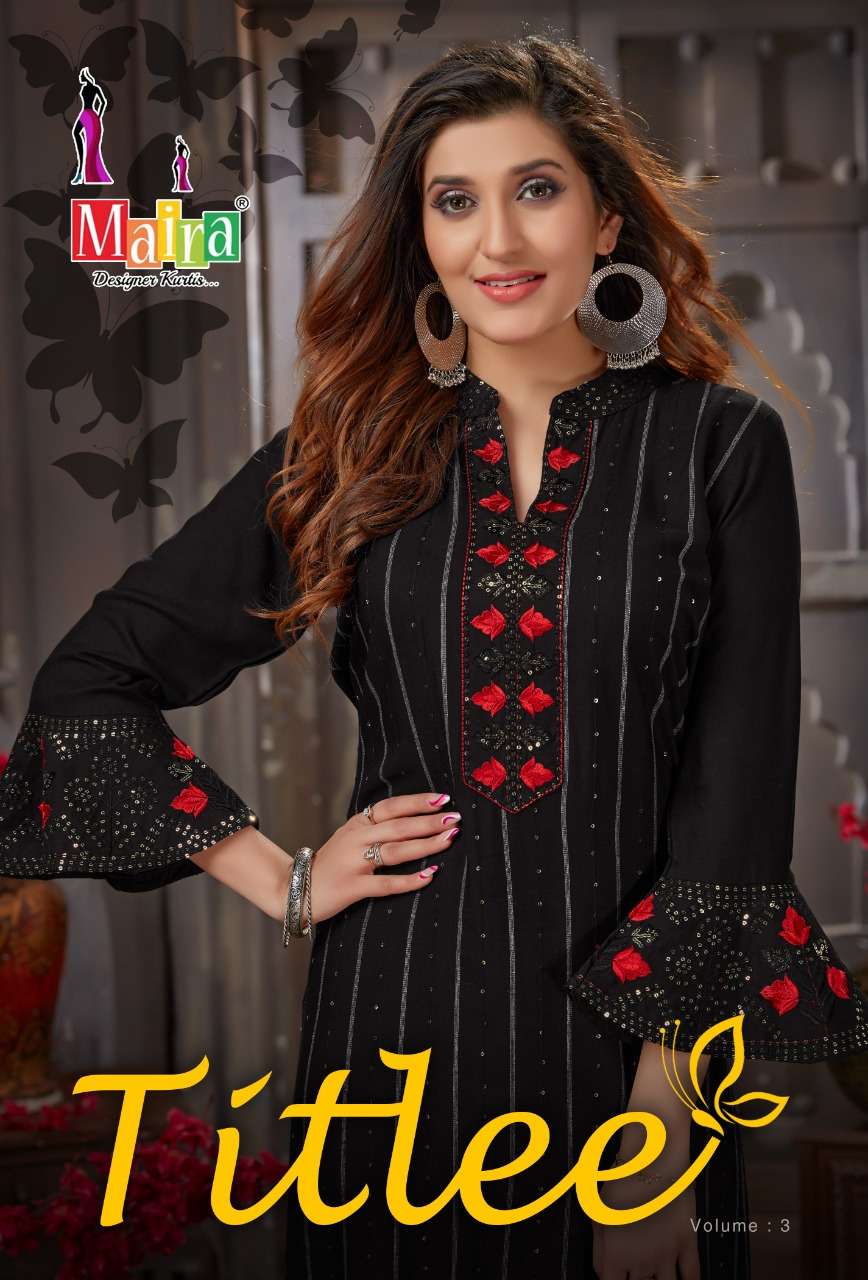 TITLEE 3 VOL 2 HEAVY RAYON EMBROIDERY WORK KURTI BY MAIRA  WHOLESALER AND DEALER