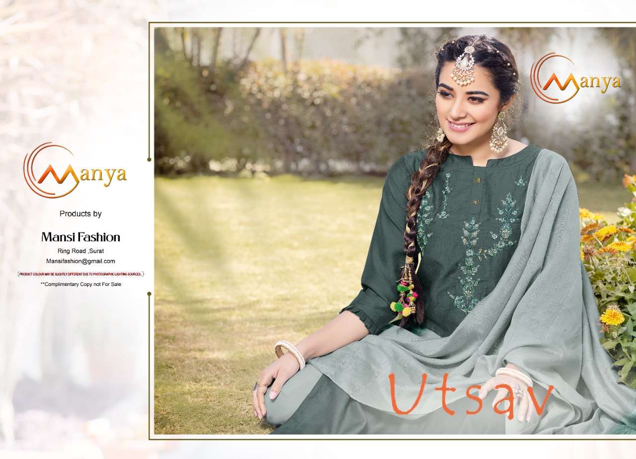 UTSAV SILK EMBROIDERY & HANDWORK KURTI WITH MUSLIN PANT & VISCOSE SEQUENCE DUPATTA BY MANYA BRAND WH...