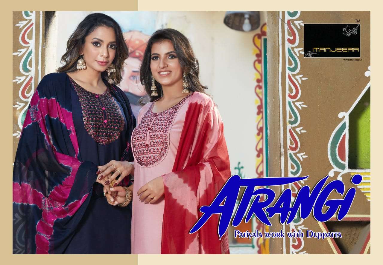  ATRANGI BY MANJEERA BRAND RAYON EMBROIDERY WORK KURTI WITH RAYON PATIYALA AND SHIBORI DUPATTA WHOLE...