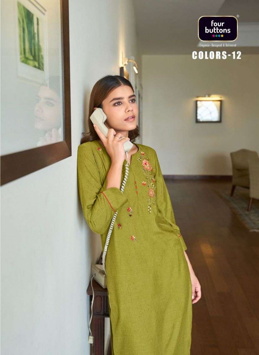 COLORS VOL12 BY FOUR BUTTONS BRAND HEAVY VISCOSE EMBROIDERY WORK KURTI WHOLESALER AND DEALER