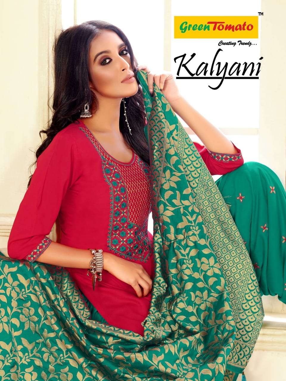 KALYANI BY GREEN TOMATO BRAND RAYON EMBROIDERY WORK KURTI WITH PATIYALA SALWAR AND BANARSI DUPATTA W...