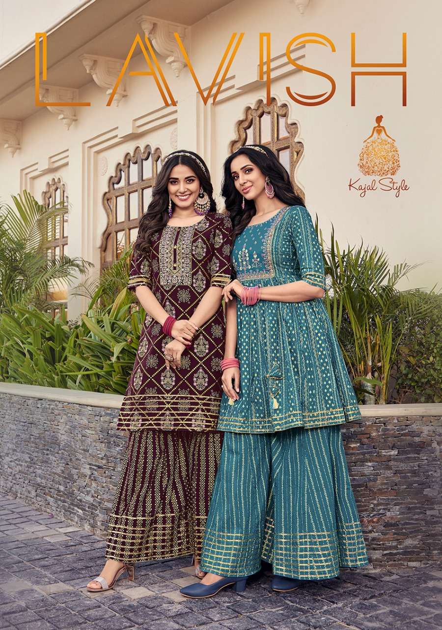 LAVISH VOL 1 BY KAJAL STYLE BRAND FANCY EMBROIDERY WORK KURTI WITH COTTON FLAIR SHARARA WHOLESALER A...