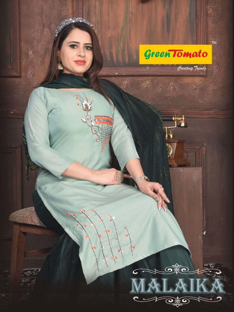 MALAIKA BY GREEN TOMATO BRAND MUSLIN HAND WORK KURTI WITH MUSLIN SHARARA AND FANCY DUPATTA WHOLESALE...