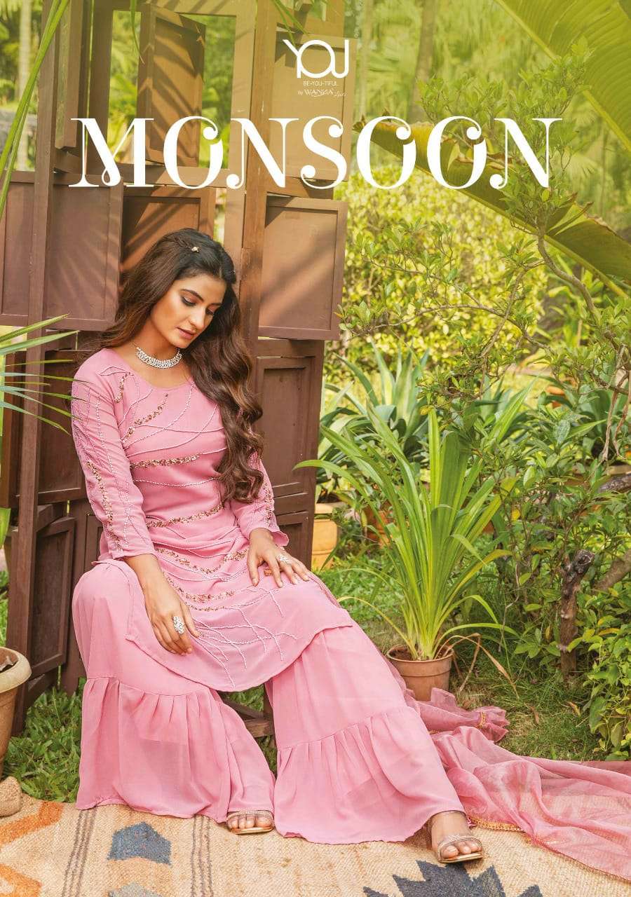 MONSOON BY WANNA BRAND HEAVY HAND WORK GEORGETTE KURTI WITH GEORGETTE SHARARA & DUPATTA WHOLESALER A...