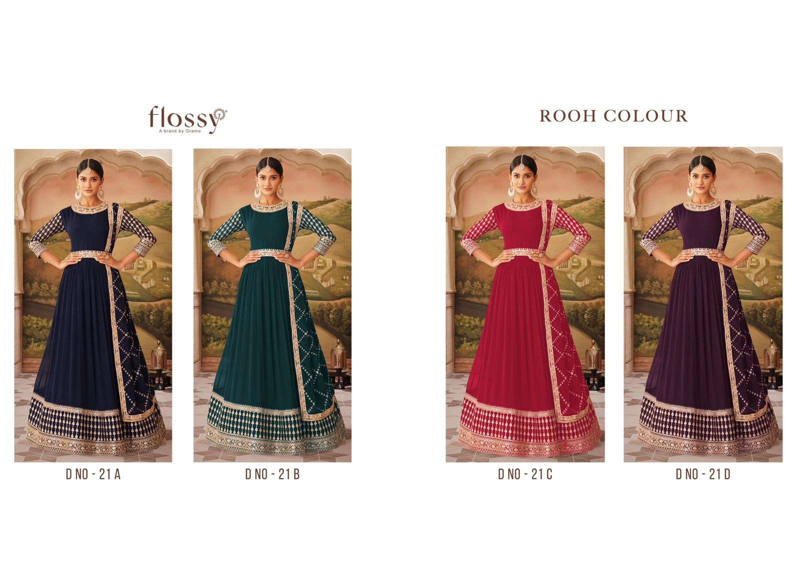 ROOH COLOUR VOL 1 BY FLOSSY BRAND HEAVY GEORGETTE WITH HEAVY EMBROIDERY LONG GOWN KURTI WITH SANTOON...
