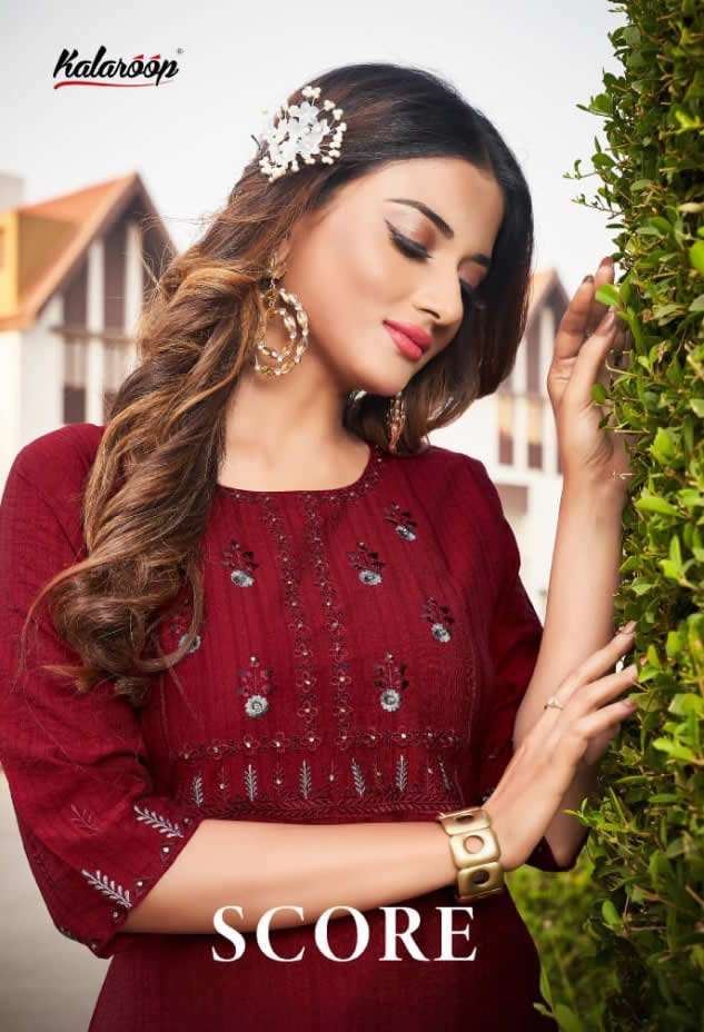 SCORE BY KALAROOP BY KAJREE BRAND FANCY RAYON WITH EMBROIDERY WORK AND HAND STONE WORK KURTI WHOLESA...