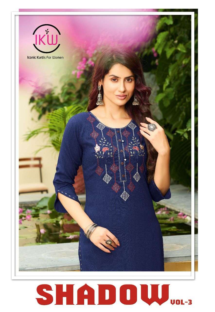 SHADOW VOL 3 BY IKW DESIGNS BRAND RAYON STRIPES EMBROIDERY WORK KURTI WHOLESALER AND DEALER