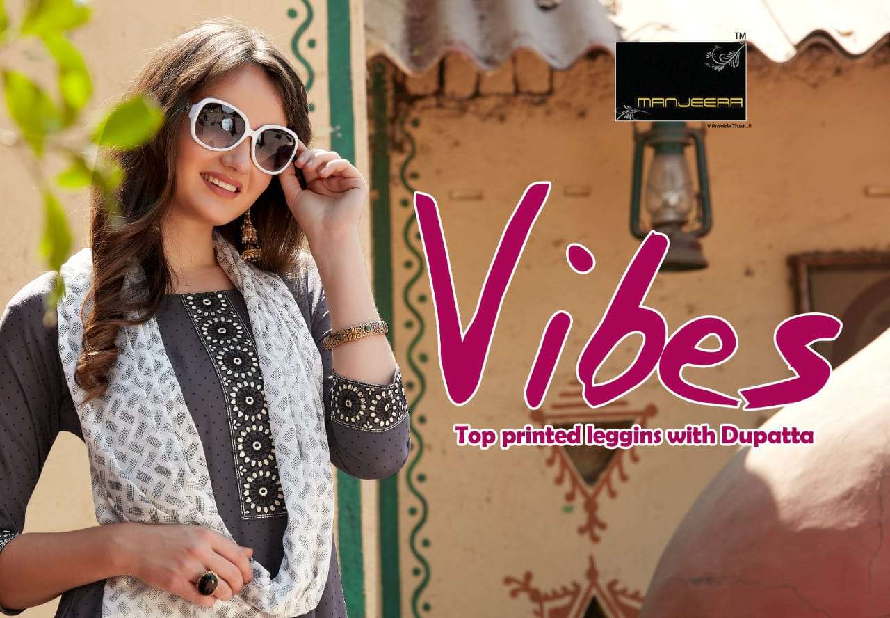 VIBES BY MANJEERA BRAND RAYON PRINT WITH FANCY WORK KURTI WITH RAYON PANT AND PRINTED DUPATTA WHOLES...