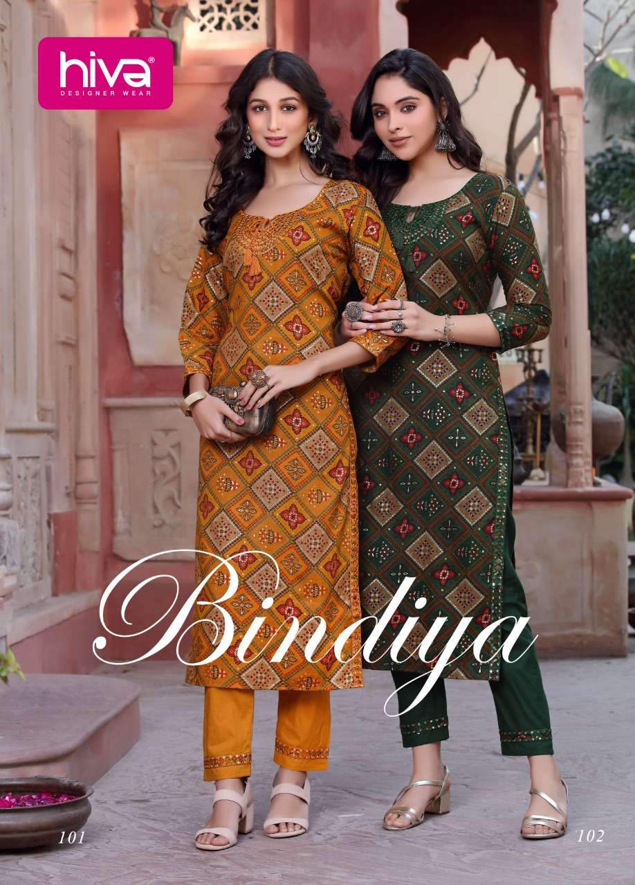 BINDIYA BY HIVA BRAND RAYON MIRROR WORK ON THE NECKLINE KURTI WITH RAYON PRINTED PANT WHOLESALER AND...