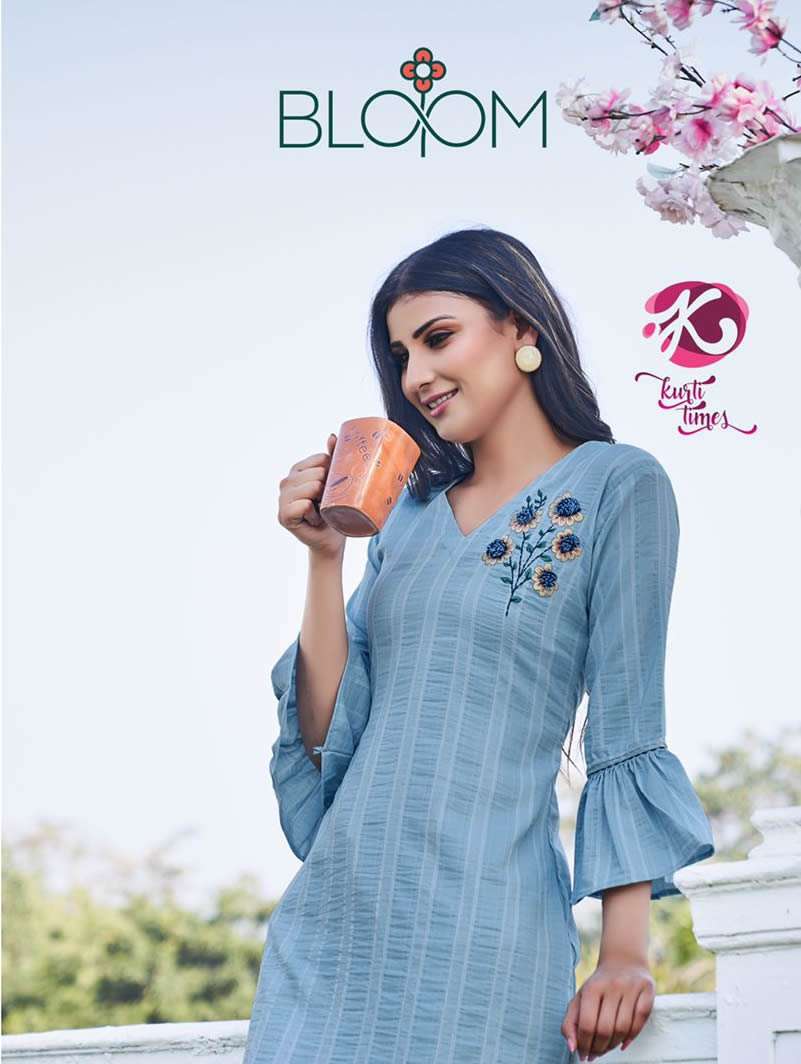 BLOOM BY KURTI TIMES BRAND POLY VISCOSE FANCY EMBROIDERY WORK LONG TOP WHOLESALER AND DEALER