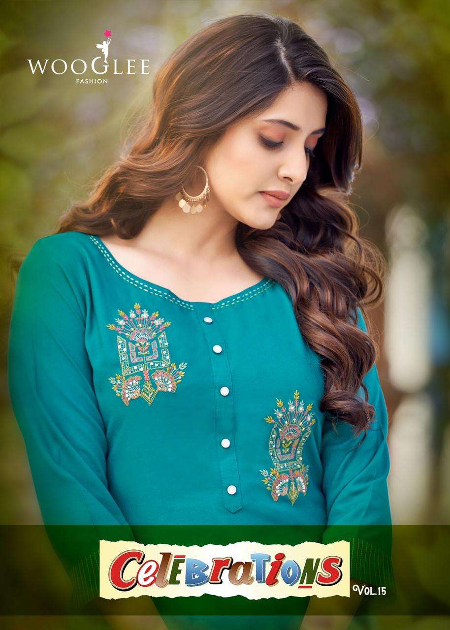 CELERATION VOL 15 BY WOOGLEE BRAND HEAVY RAYON HANDWORK AND EMBROIDERY WORK KURTI WITH RAYON PRINTED...