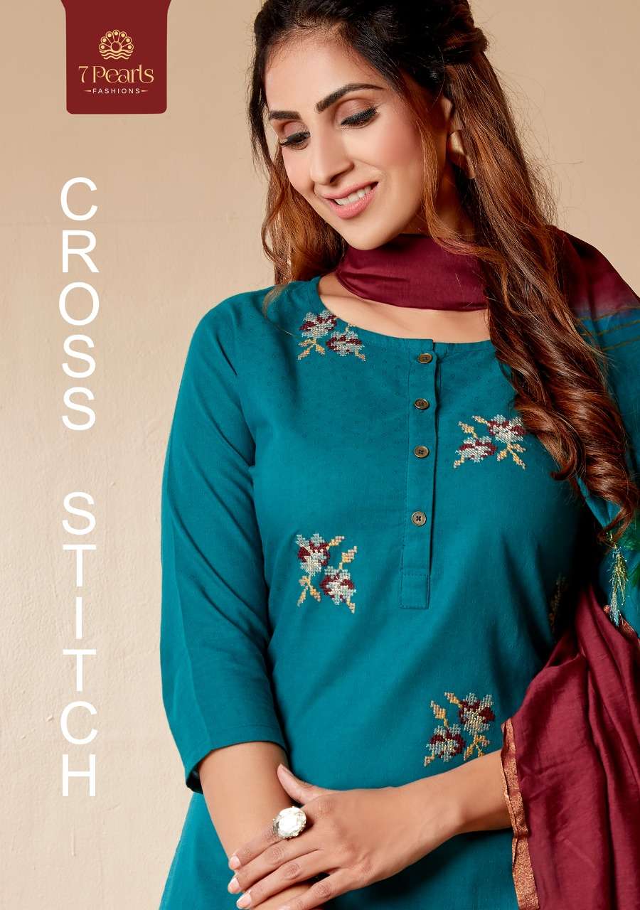 CROSS STITCH BY  7 PEARLS BRAND COTTON EMBROIDERY WITH OTHER TRIM KURTI WITH COTTON PANT AND DUPATTA...