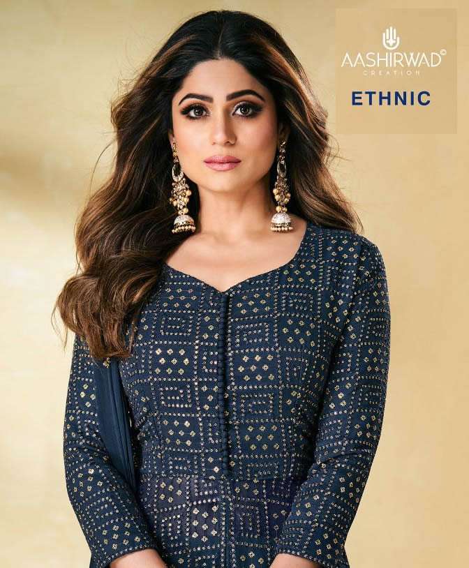 ETHNIC BY AASHIRWAD BRAND REAL GEORGETTE SEQUENCE WORK KURTI WITH PLAZO AND DUPATTA WHOLESALER AND D...