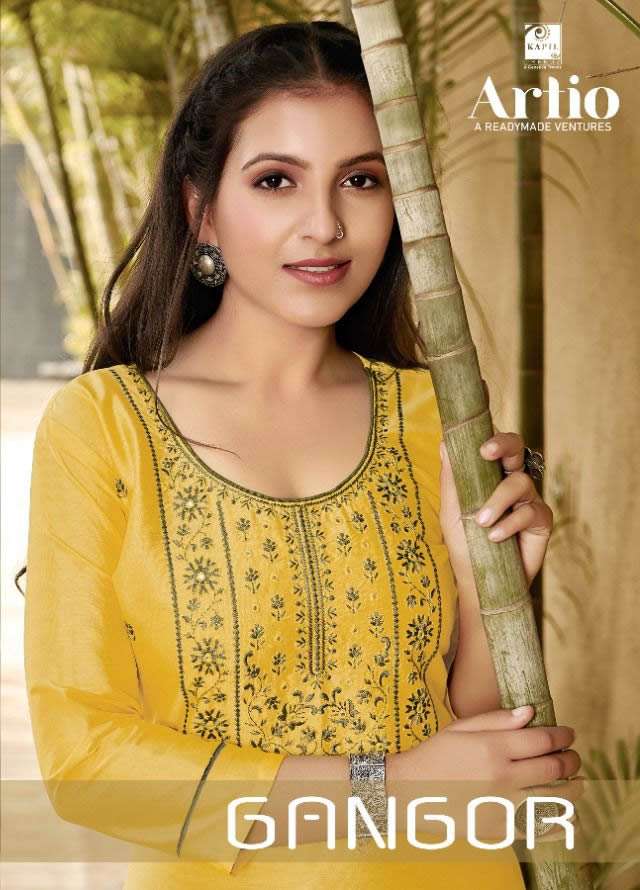 GANGOR BY ARTIO BY KAPIL TRENDZ BRAND SILK COTTON WITH WORK NACK BUTI KURTI WITH PANT WHOLESALER AND...