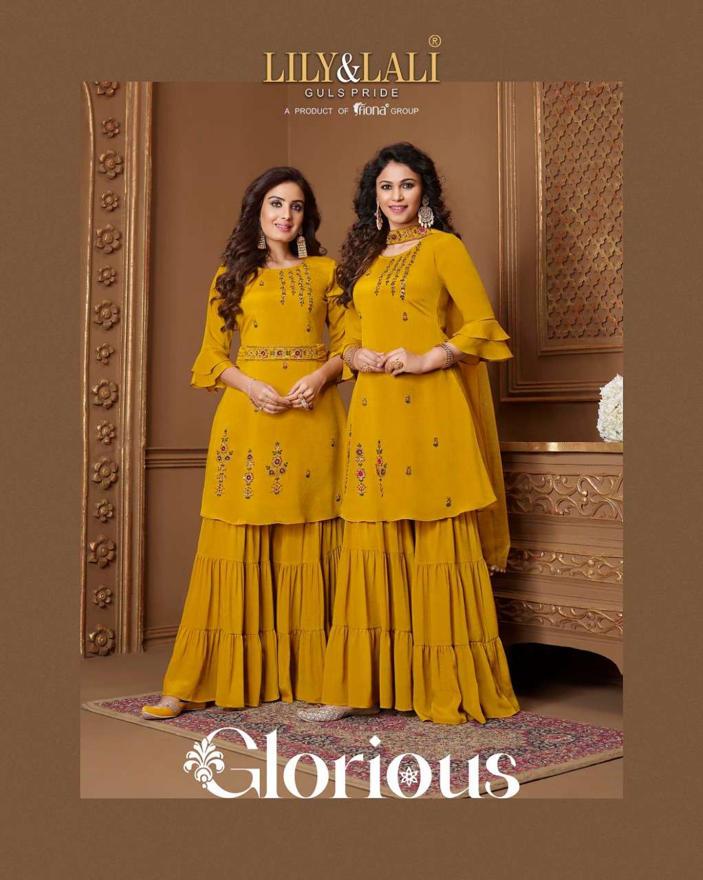 GLORIOUS BY LILY & LALI BRAND CHINNON HANDWORK KURTI WITH CHIFFON GHARARA WITH INNER AND MOBILE POCK...