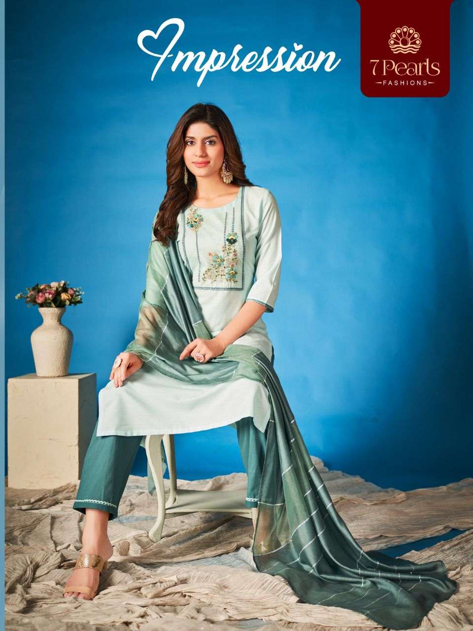 IMPRESSION BY 7 PEARLS BRAND COTTON EMBROIDERY AND HANDWORK KURTI WITH LACE WOK PANT AND FANCY DUPAT...