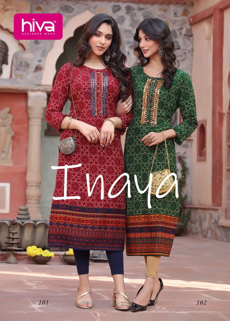 INAYA BY HIVA BRAND RAYON EMBROIDERY WORK PRINTED KURTI WHOLESALER AND DEALER