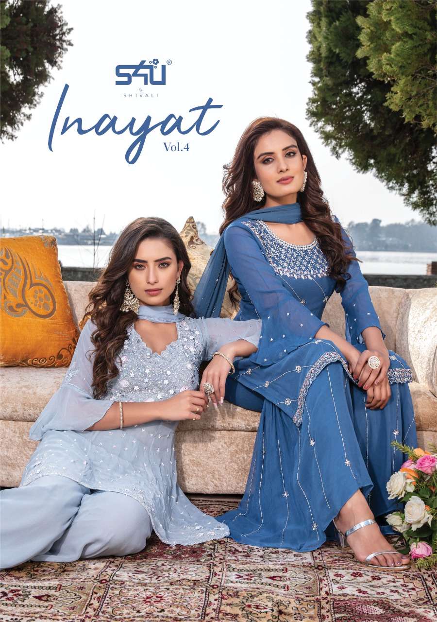 INAYAT BY S4U BY SHIVALI BRAND GEORGETTE HANDWORK KURTI WITH SHARARA AND DUPATTA WHOLESALER AND DEAL...