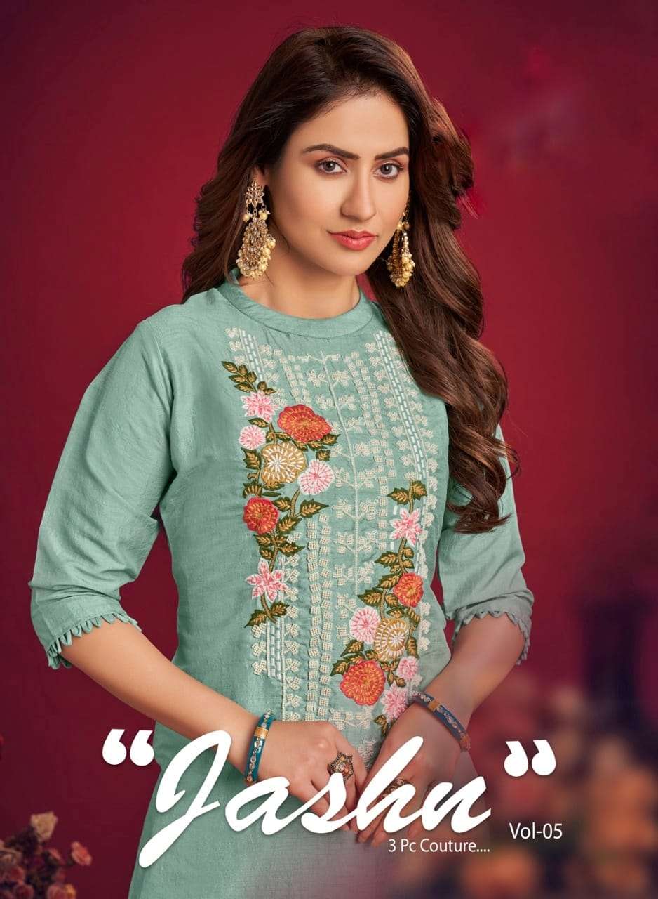 JASHN BY S3FOREVER BRAND MUSLINE EMBROIDERY WORK KURTI WITH COTTON-PANT AND ORGANZA DUPATTA WHOLESAL...