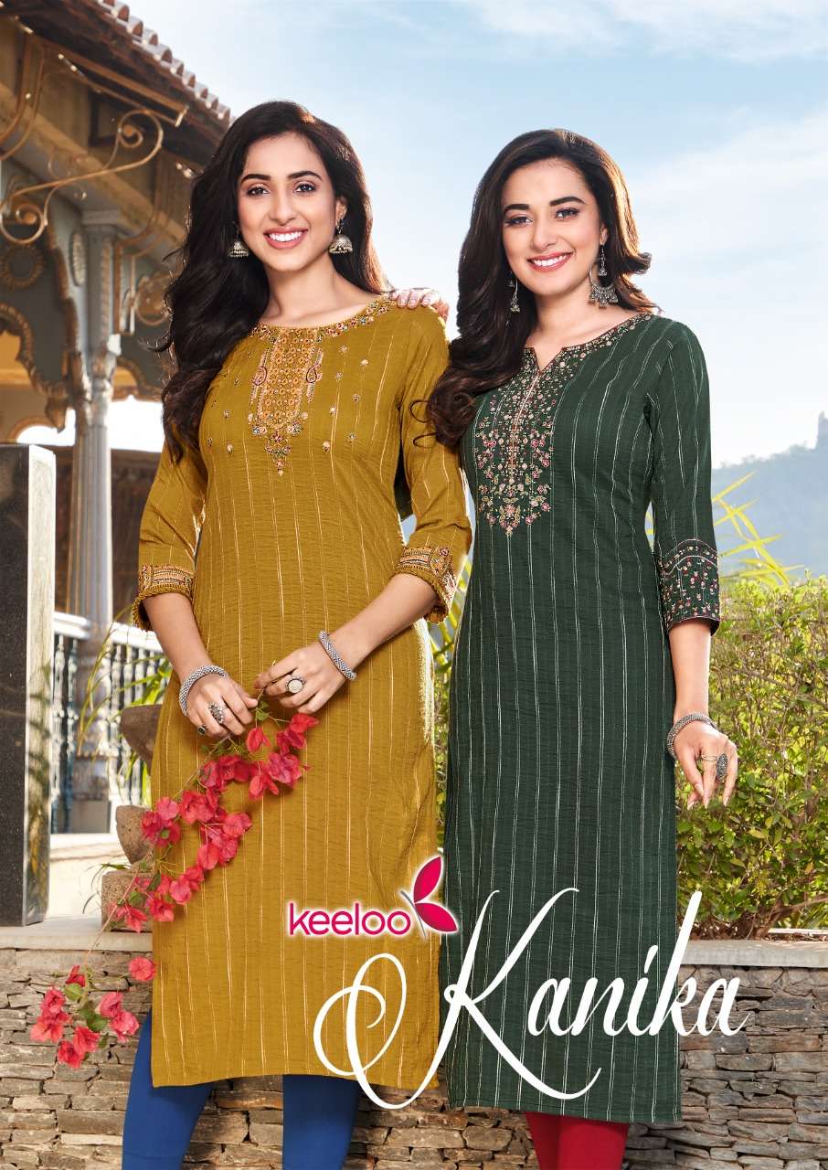 KANIKA-1 BY KEELOO BRAND FANCY VISCOSE STRIPE EMBROIDERY AND KHATLI WORK KURTI WHOLESALER AND DEALER