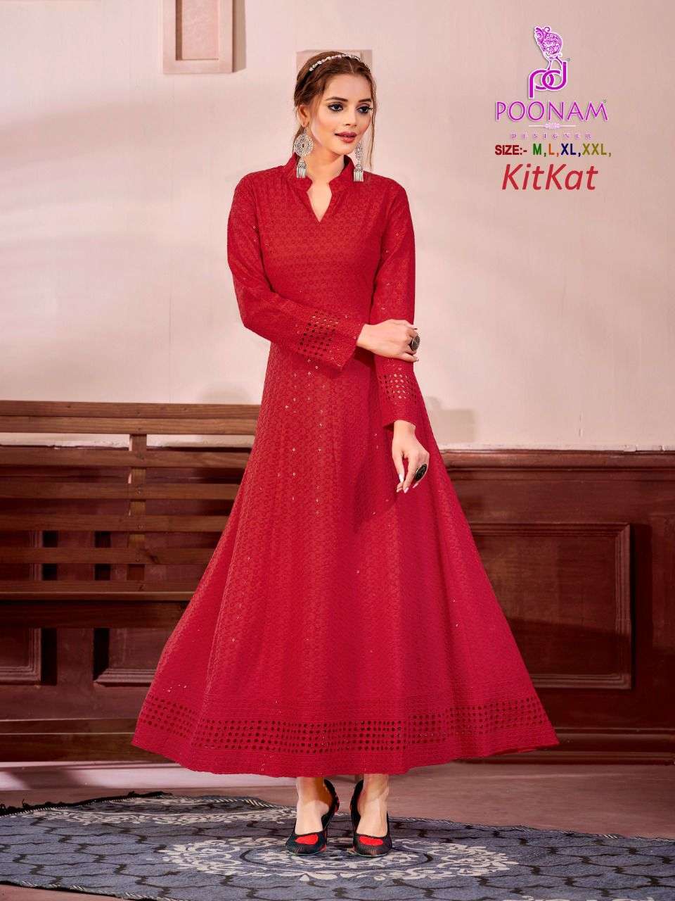 KIT KAT BY POONAM DESIGNER BRAND  PURE RAYON CHIKANKARI WORK WITH BORING WORK LONG GOWN KURTI WHOLES...