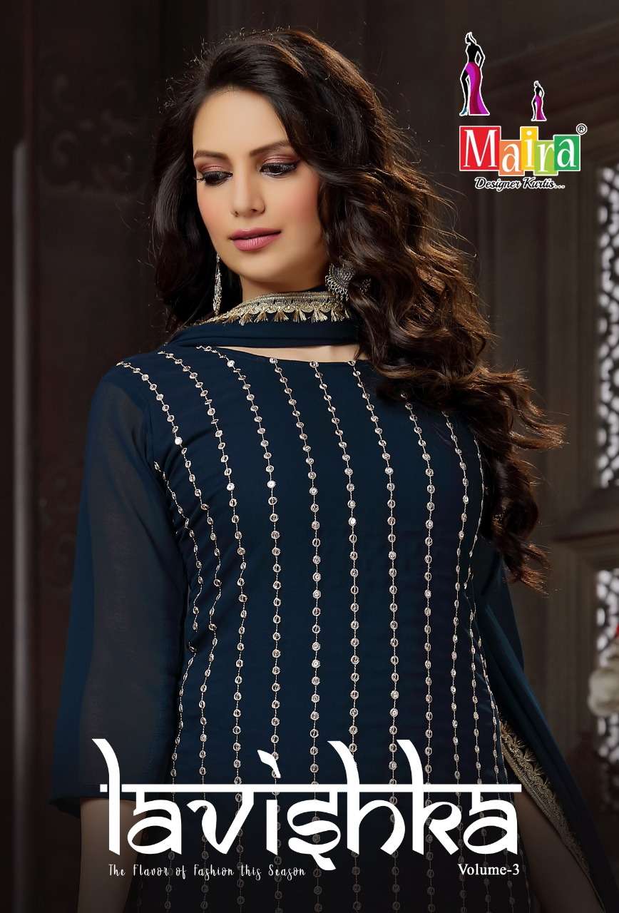 LAVISHKA VOL-3 BY MAIRA BRAND GEORGETTE FANCY SEQUENCE WORK KURTI WITH GEORGETTE SHARARA AND FANCY D...