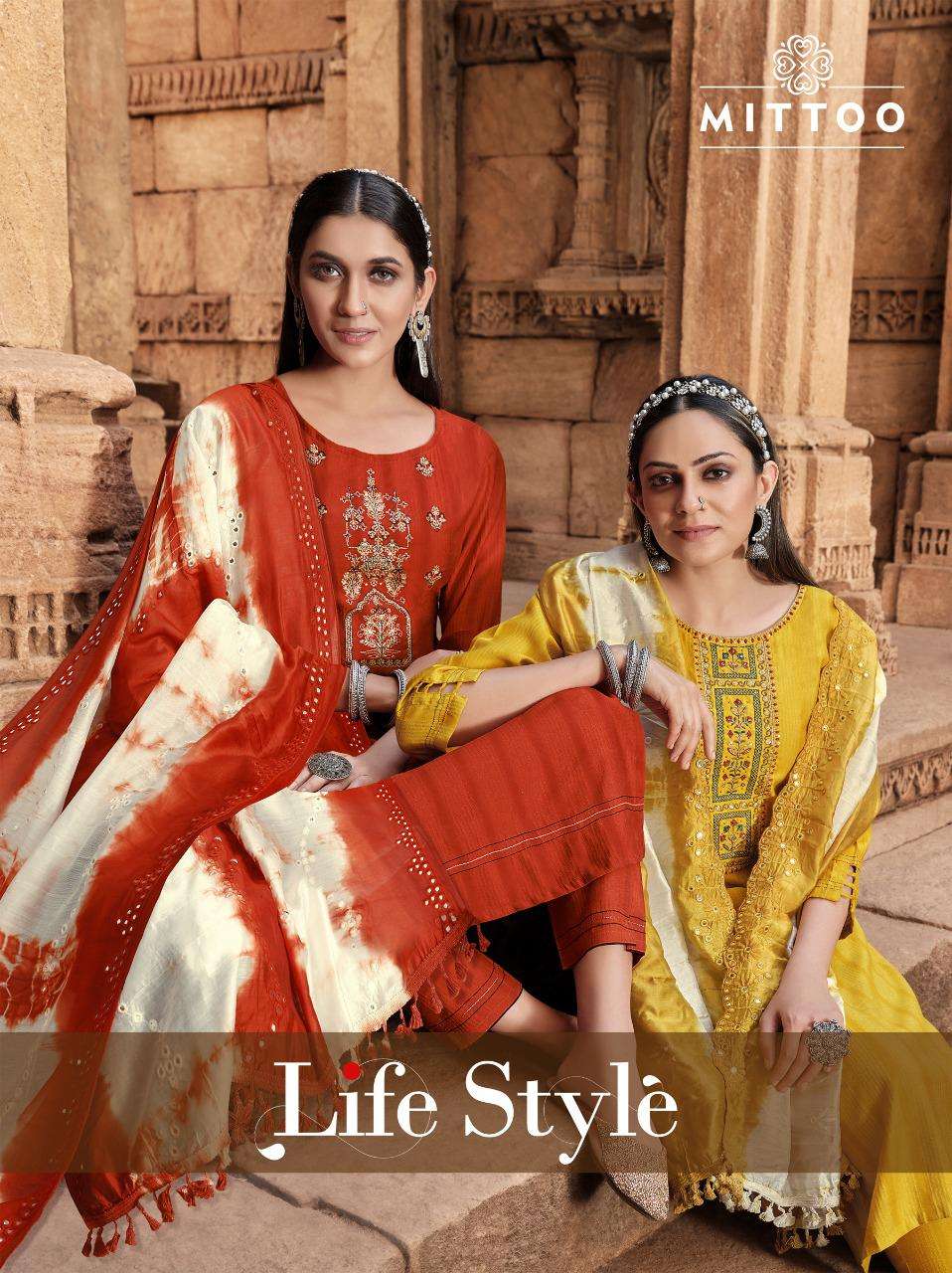 LIFE STYLE BY MITTOO BRAND RAYON VISCOSE EMBROIDERY AND HAND WORK KURTI WITH RAYON PANT AND CHANDERI...
