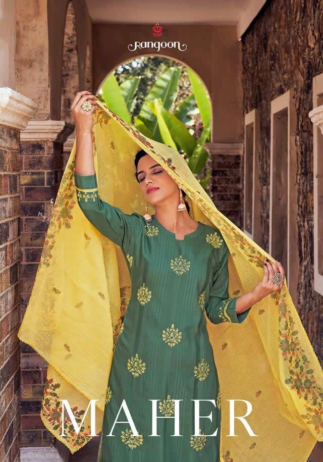 MAHER BY RANGOON BRAND VISCOSE FANCY EMBROIDERY WORK KURTI WITH COTTON PRINTED SHARARA AND COTTON BO...