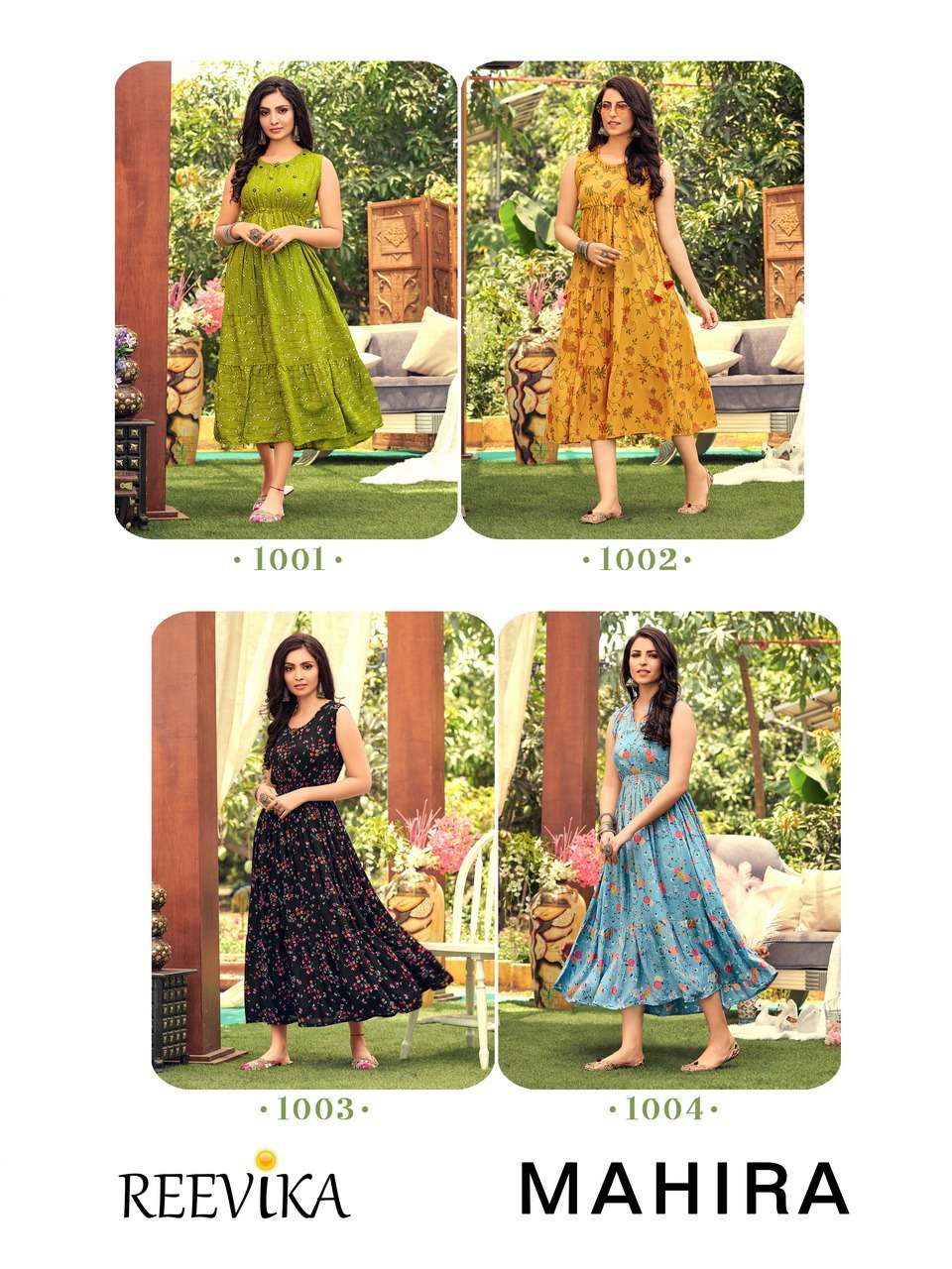 MAHIRA BY REEVIKA BRAND PREMIUM RAYON CRUSH MIRROR AND KATHA WORK  LONG FLAIRED GOWN KURTI WHOLESALE...