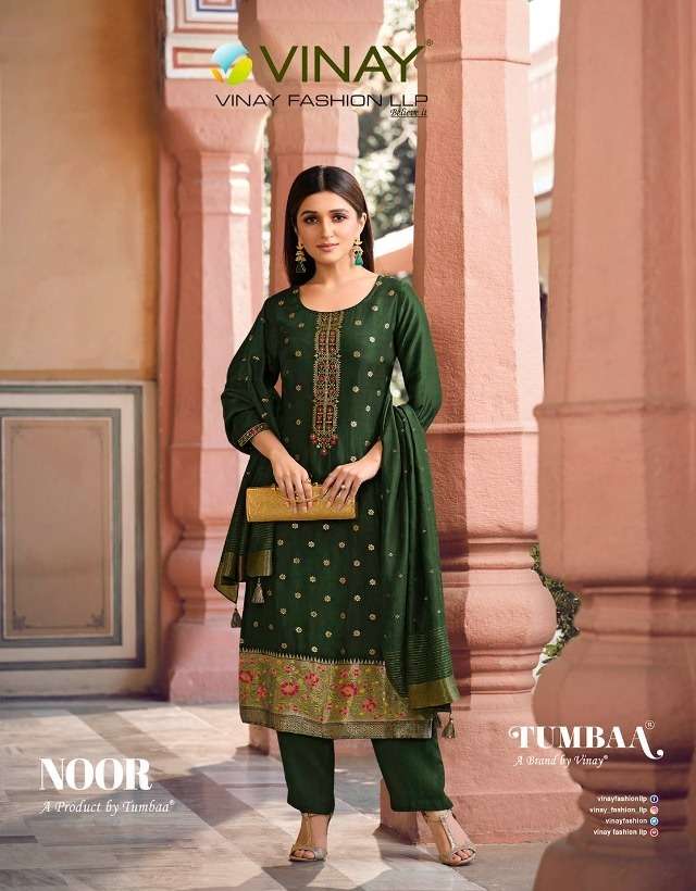 NOOR BY VINAY TUMBA BRAND VISCOUSE EMBROIDERY WORK KURTI WITH DOLA SILK PANT AND JACQUARD DUPATTA WH...