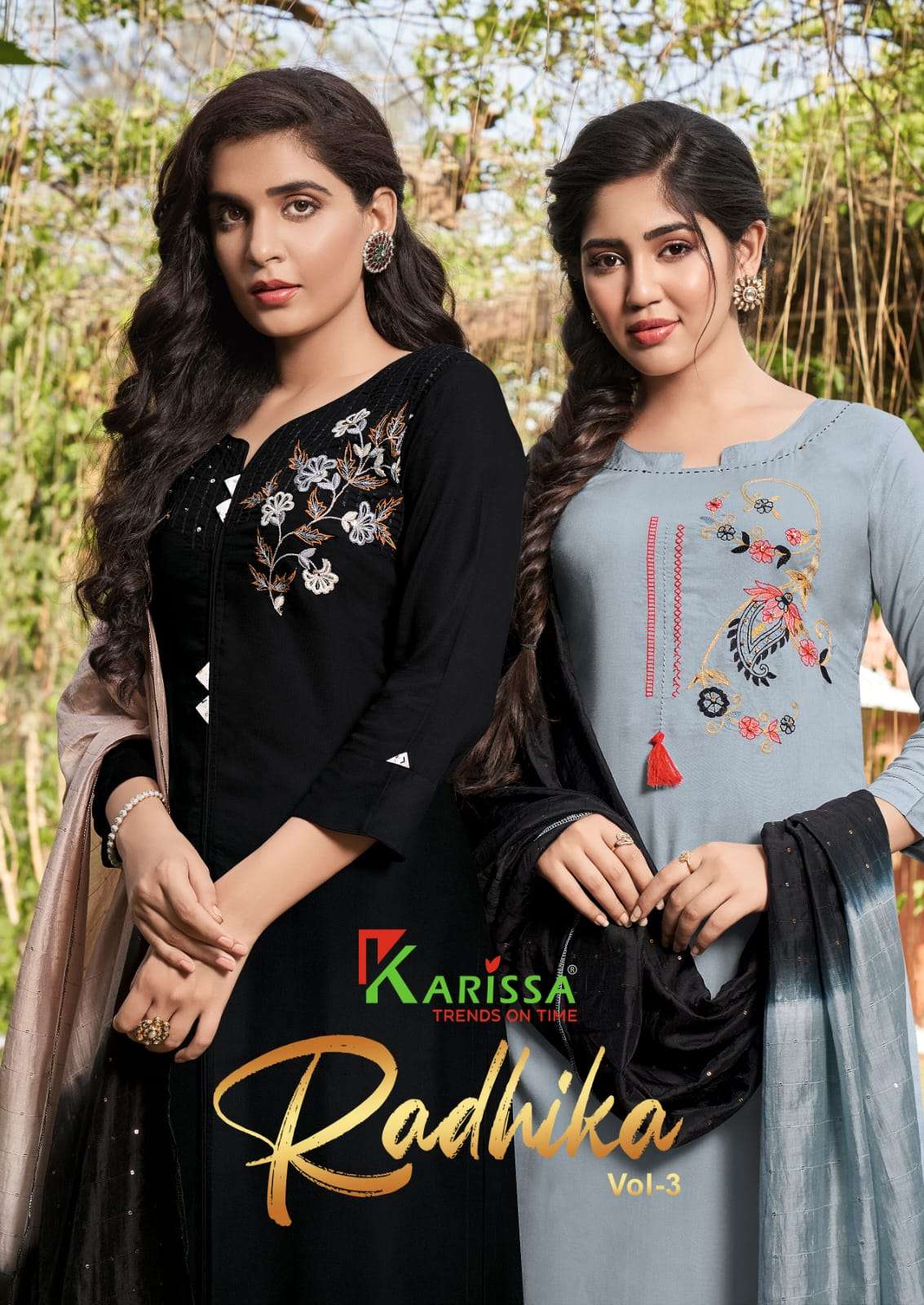 RADHIKA VOL-3 BY KARISSA BRAND RAYON THREAD AND MIRROR WORK KURTI WITH RAYON PRINT PANT AND SEQUENCE...
