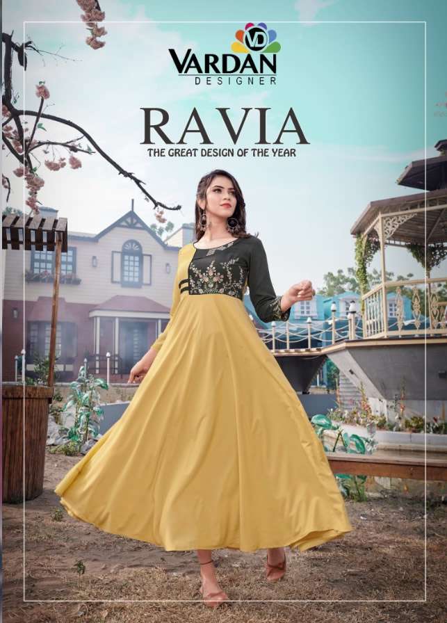 RAVIA VOL-1 BY VARDAN DESIGNER BRAND 14KG HEAVY RAYON LONG GOWN KURTI WHOLESALER AND DEALER