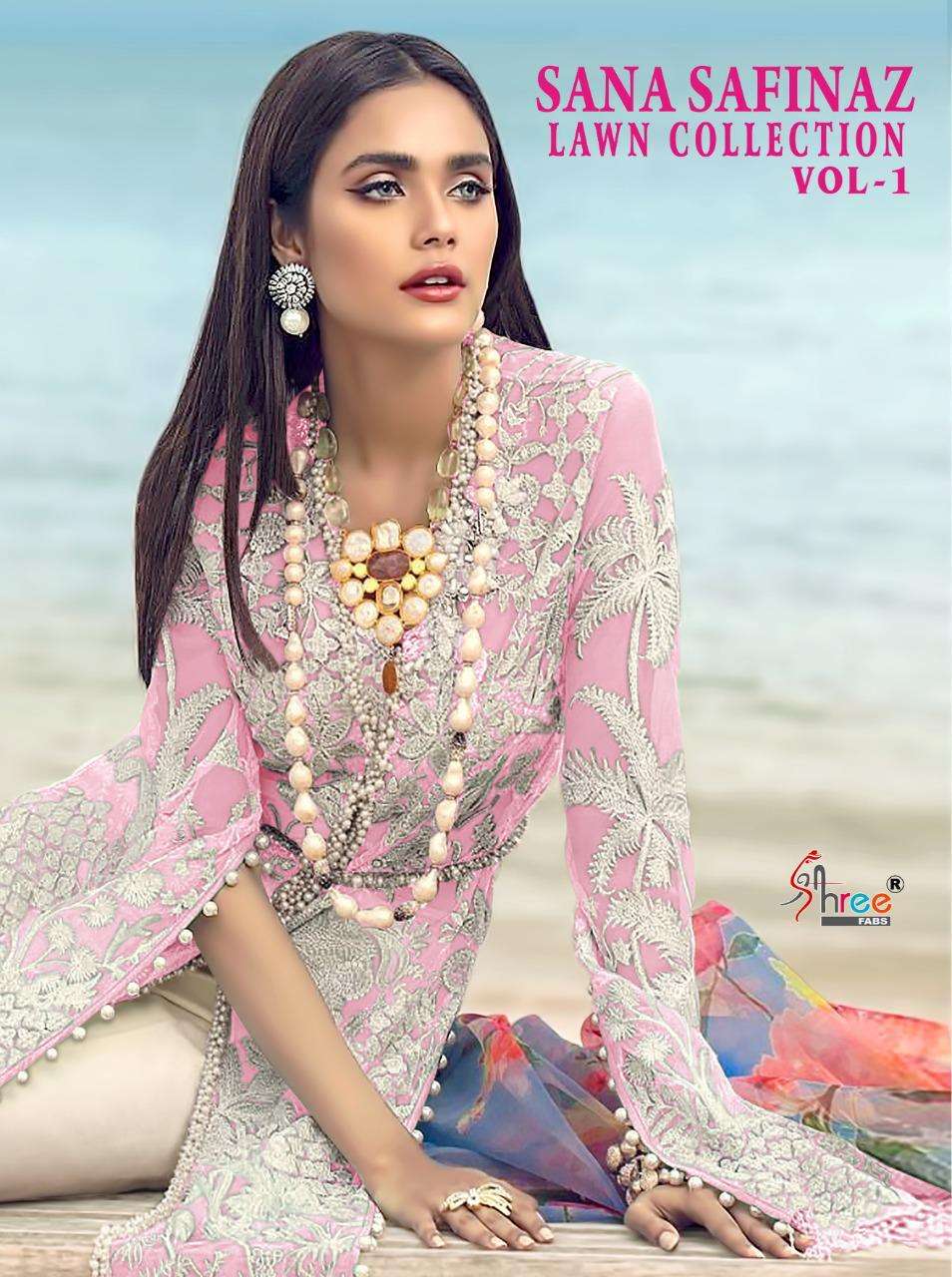  SANA SAFINAZ LAWN COLLECTION VOL 1 BY SHREE FABS BRAND NET FRONT AND BACK EMBROIDERY WORK WITH COTT...