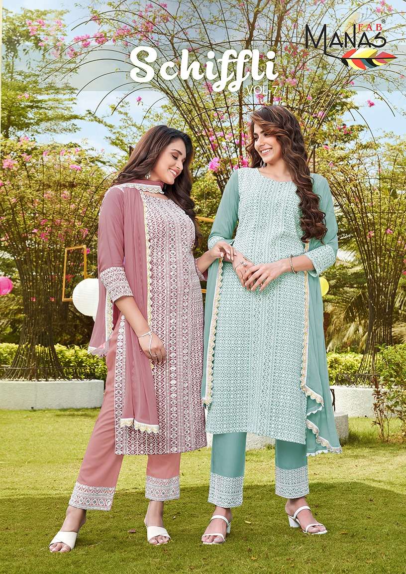 SCHIFFLI VOL 7 BY MANAS FAB BRAND 14 KG RAYON  WITH SCHIFFLI WORK KURTI WITH LACE WORK PANT AND NAZN...