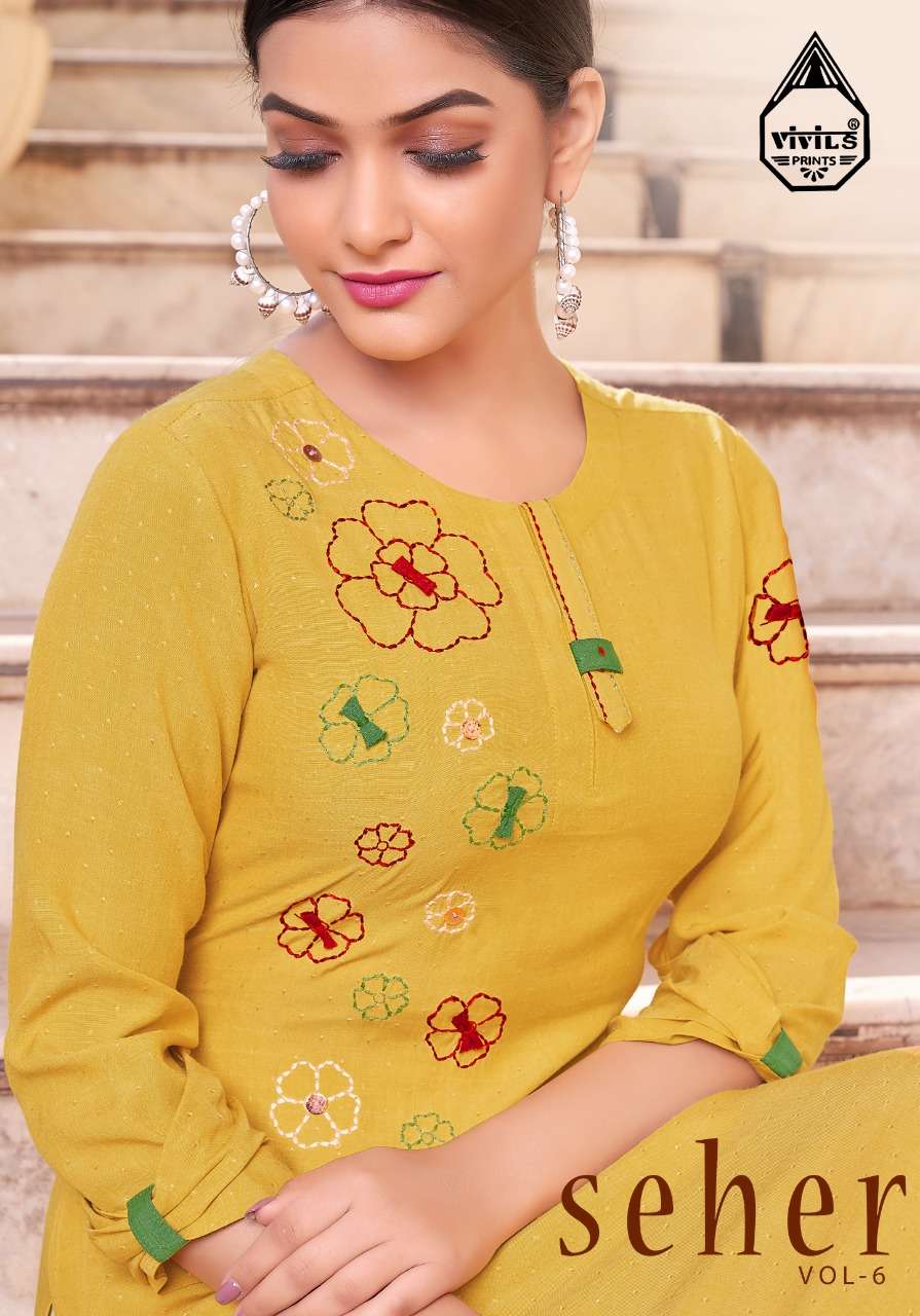SEHER  VOL - 6 BY VIVILS BRAND LIQUID AIRTEX RAYON BUTTI BASED EMBROIDERY WORK KURTI WHOLESALER AND ...