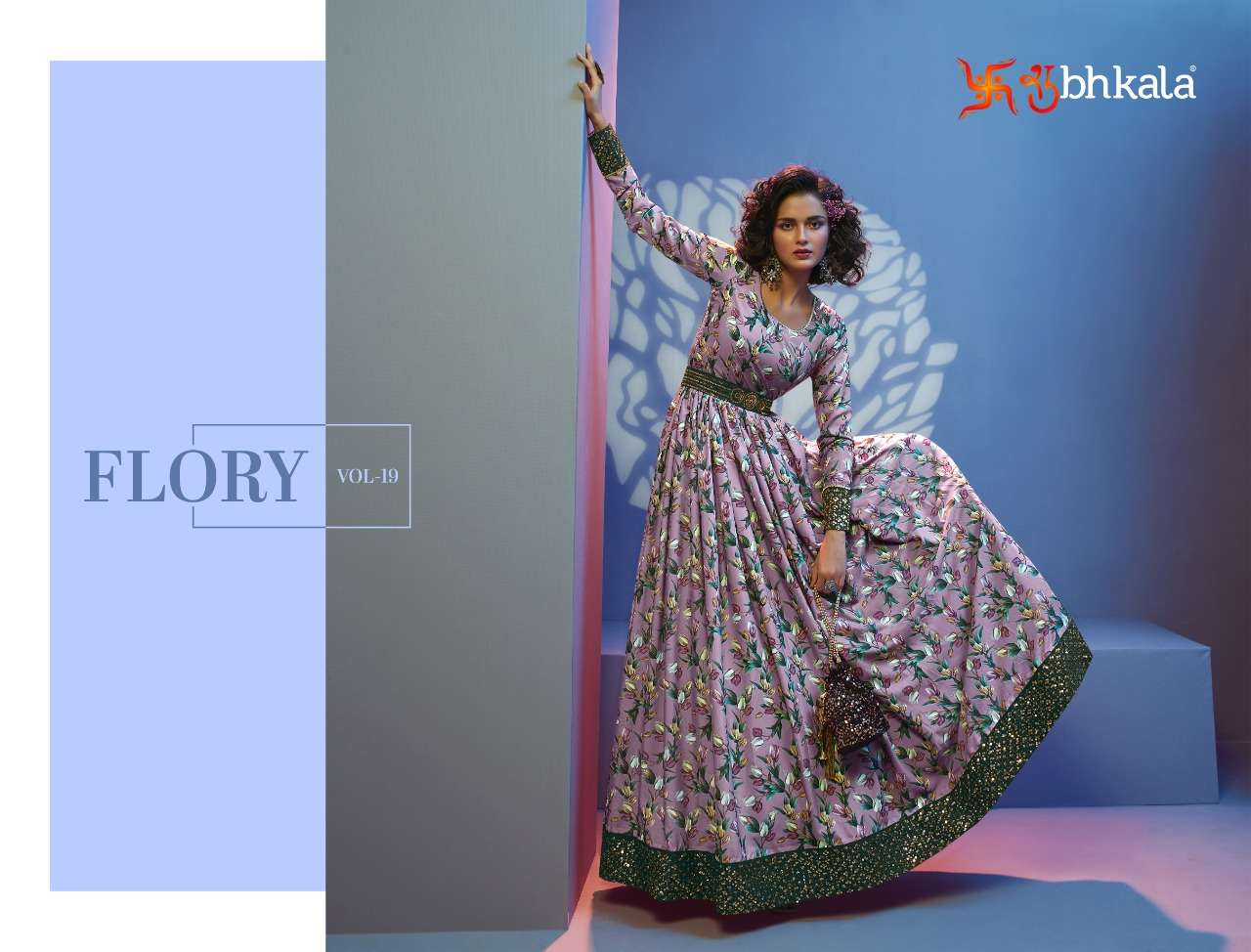 SHUBHKALA - FLORY VOL 19 - FLOOR LENGTH ANARKALI PRINTED GOWN WITH FANCY SEQUINS BELT - S3FOREVER GU...