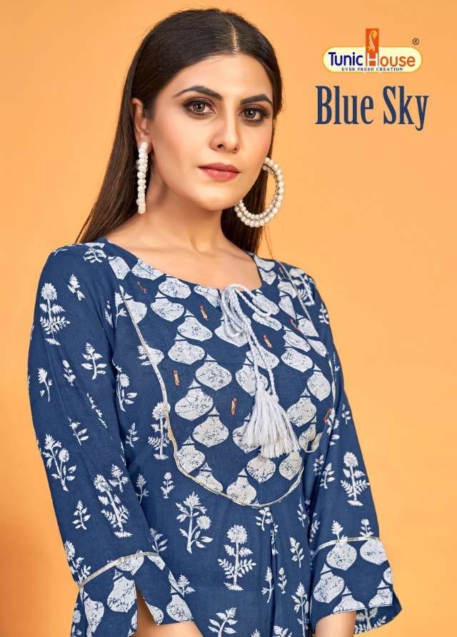 TUNIC HOUSE - BLUE SKY - INDIGO PRINTED TOPS AND PLAZO WITH SHIFFLY WORK - S3FOREVER GUJARAT WHOLESA...