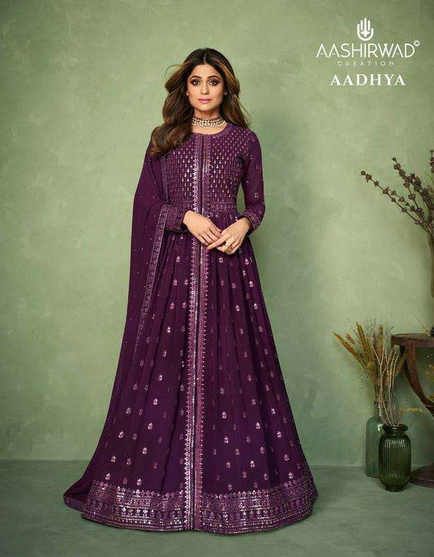 AADHYA BY AASHIRWAD BRAND GEORGETTE SEQUENCE AND EMBROIDERY WORK LONG KURTI WITH SKIRT AND DUPATTA W...