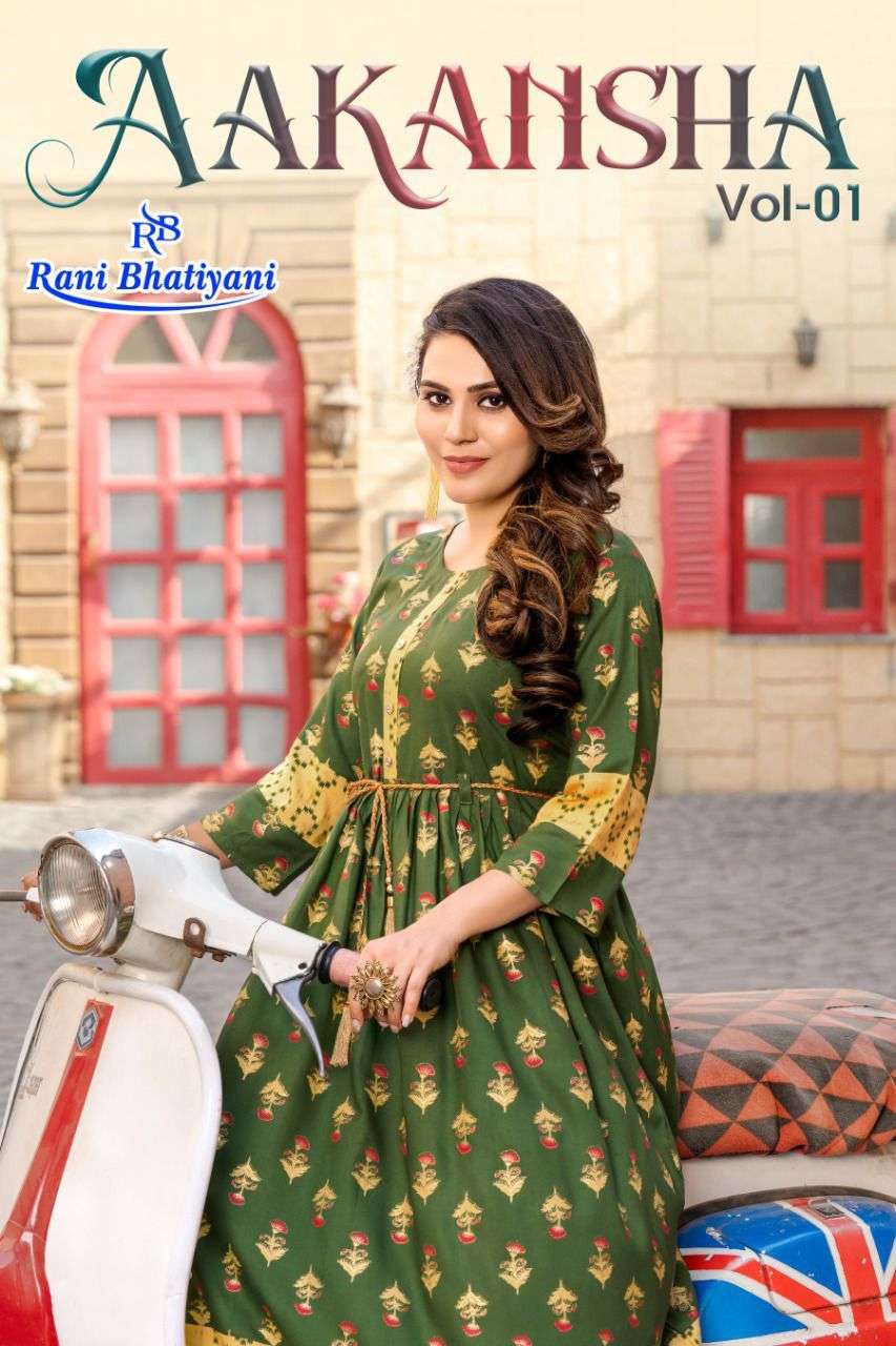 AKANSHA VOL 1 BY RANI BHATIYANI BRAND 14 KG RAYON WITH FOIL PRINT LONG GOWN KURTI WHOLESALER AND DEA...