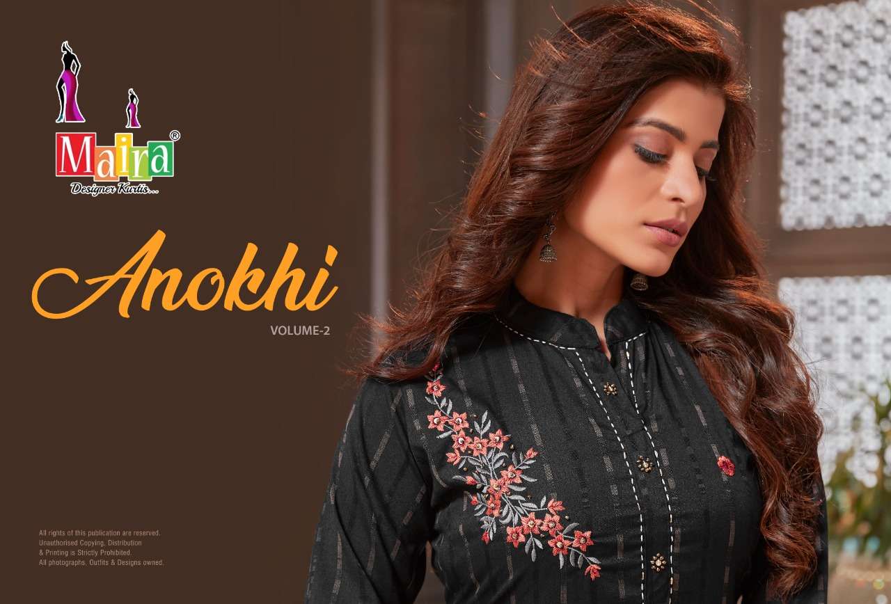 ANOKHI VOL 2 BY MAIRA BRAND HEAVY RAYON FANCY KURTI WITH RAYON EMBROIDERY WORK PANT WHOLESALER AND D...