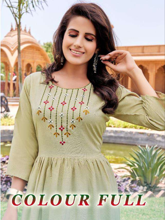 COLOUR FULL BY S3FOREVER BRAND HEAVY RAYON 14 KG FANCY LONG KURTI WITH EMBROIDERY WORK WITH THREE LA...