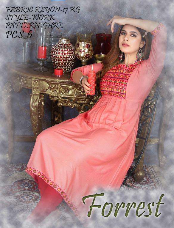 FORREST BY S3FOREVER HEAVY RAYON EMBROIDERY WORK AND GHERA PATTERN KURTI WHOLESALER AND DEALER
