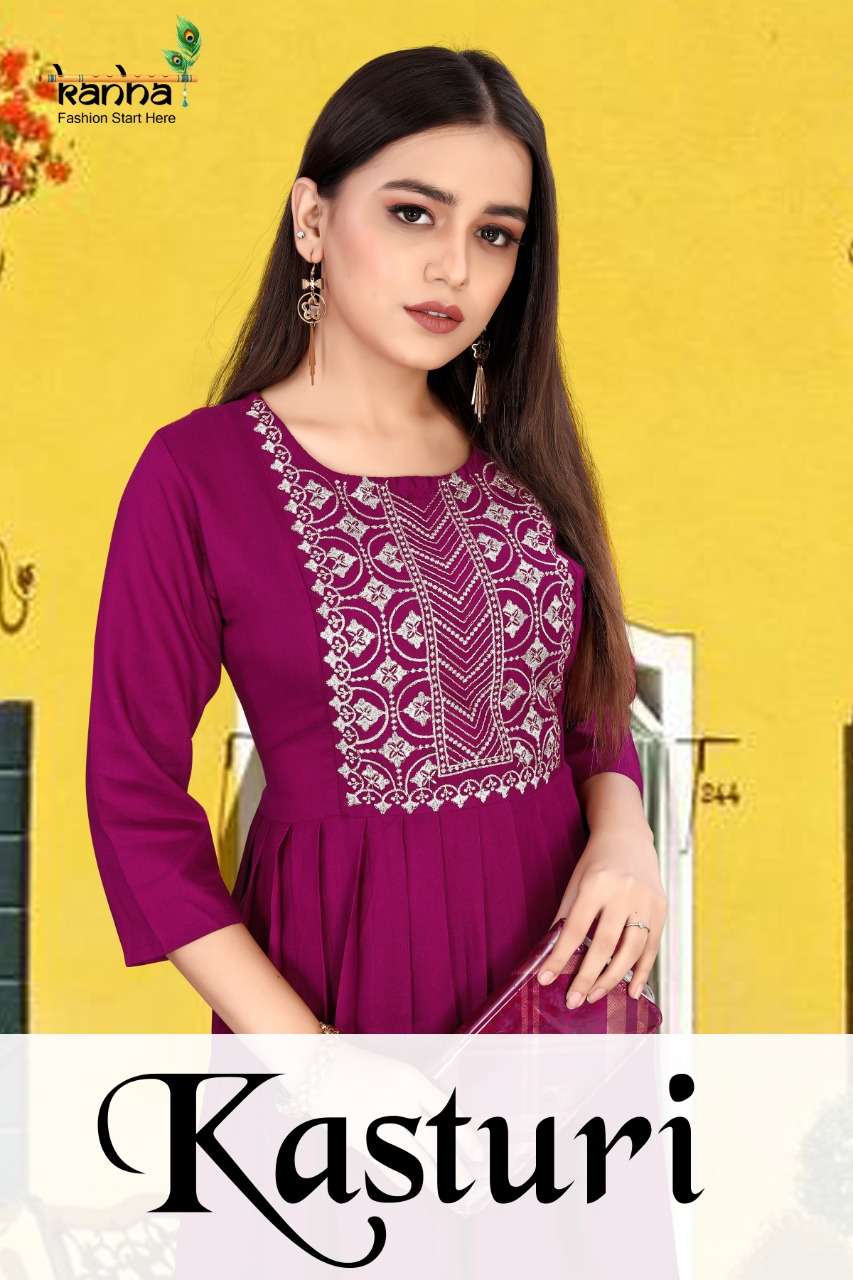 KASTURI BY KANHA BRAND HEAVY RAYON NEAT EMBROIDERY WORK LONG FULL GHERA GOWN KURTI WHOLESALER AND DE...