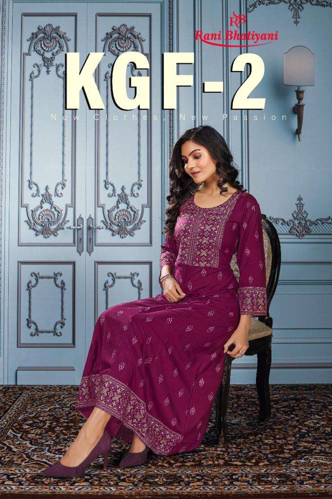KGF 2 BY RANI BHATIYANI BRAND 14KG RAYON WITH FOIL PRINT WORK LONG GOWN KURTI WHOLESALER AND DEALER