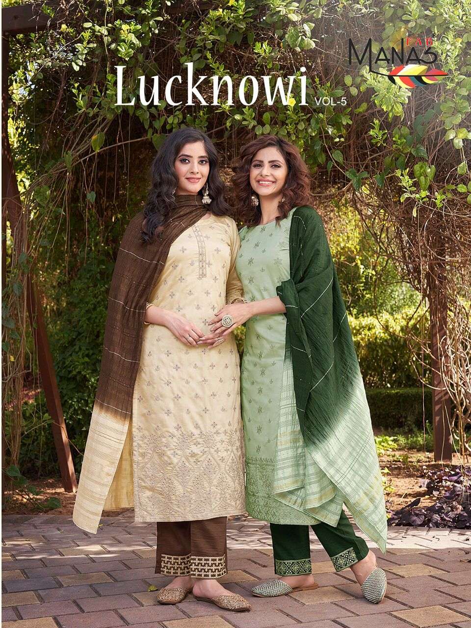 LUCKNOWI VOL 5 BY MANAS BRAND FANCY FABRIC LUCKNOWI EMBROIDERY WORK KURTI WITH CHINON LACE BORDER PA...