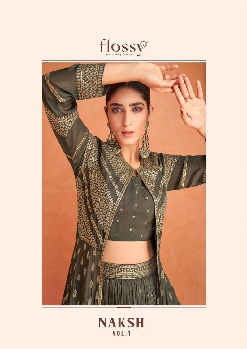 NAKSH VOL 1 BY FLOSSY BRAND HEAVY GEORGETTE WITH EMBROIDERY WORK TOP WITH SATIN BOTTOM AND GEPGETTE ...